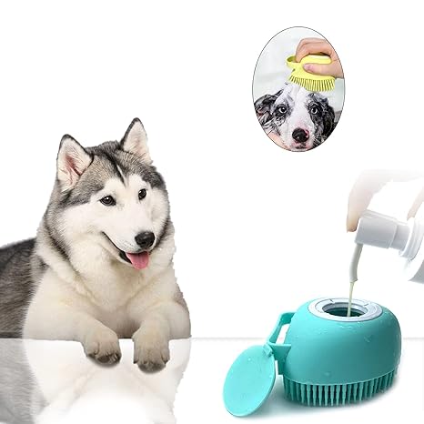 Pet Grooming Bath Massage Brush with Soap and Shampoo Dispenser Soft Silicone Bristle for Long Short Haired Dogs Cats Shower