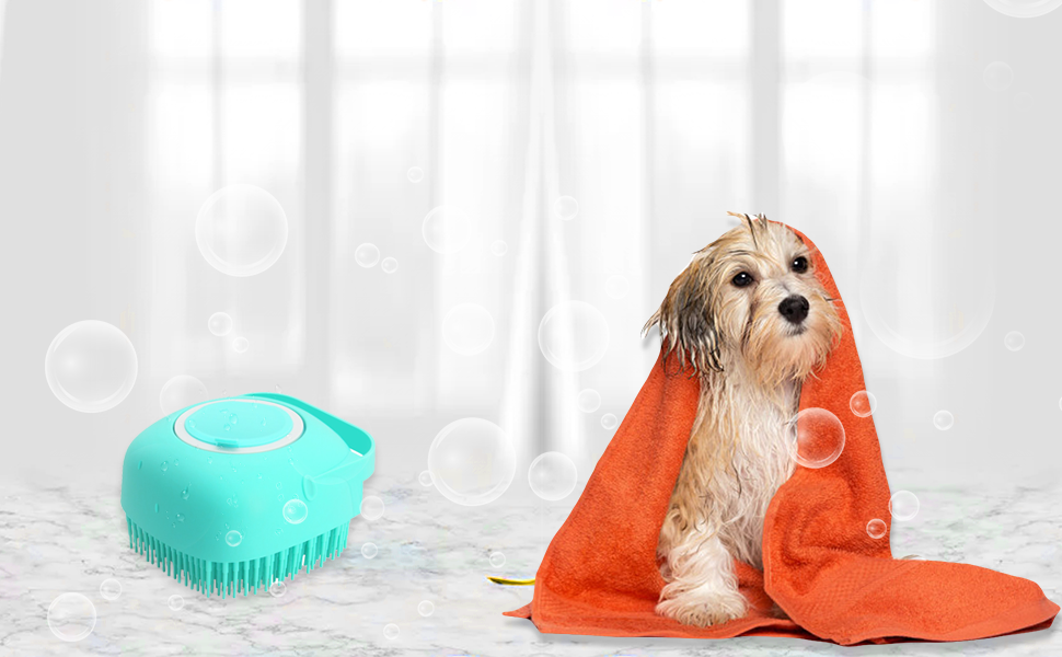 Pet Grooming Bath Massage Brush with Soap and Shampoo Dispenser Soft Silicone Bristle for Long Short Haired Dogs Cats Shower