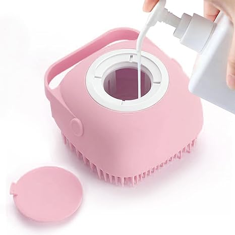 Pet Grooming Bath Massage Brush with Soap and Shampoo Dispenser Soft Silicone Bristle for Long Short Haired Dogs Cats Shower