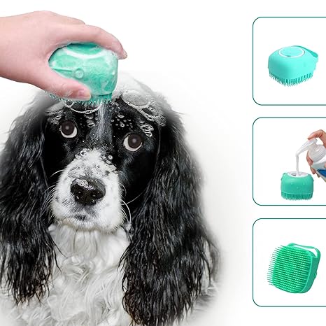 Pet Grooming Bath Massage Brush with Soap and Shampoo Dispenser Soft Silicone Bristle for Long Short Haired Dogs Cats Shower