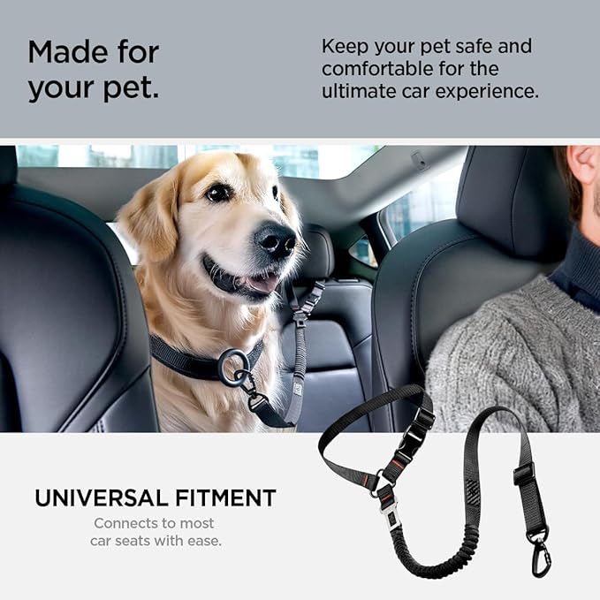 Universal 2-in 1 Retractable Car Seat Belt Designed for Pet with Adjustable Elastic Bungee Dog Leash [Compatible with Headrest and Seat Belt Clip]