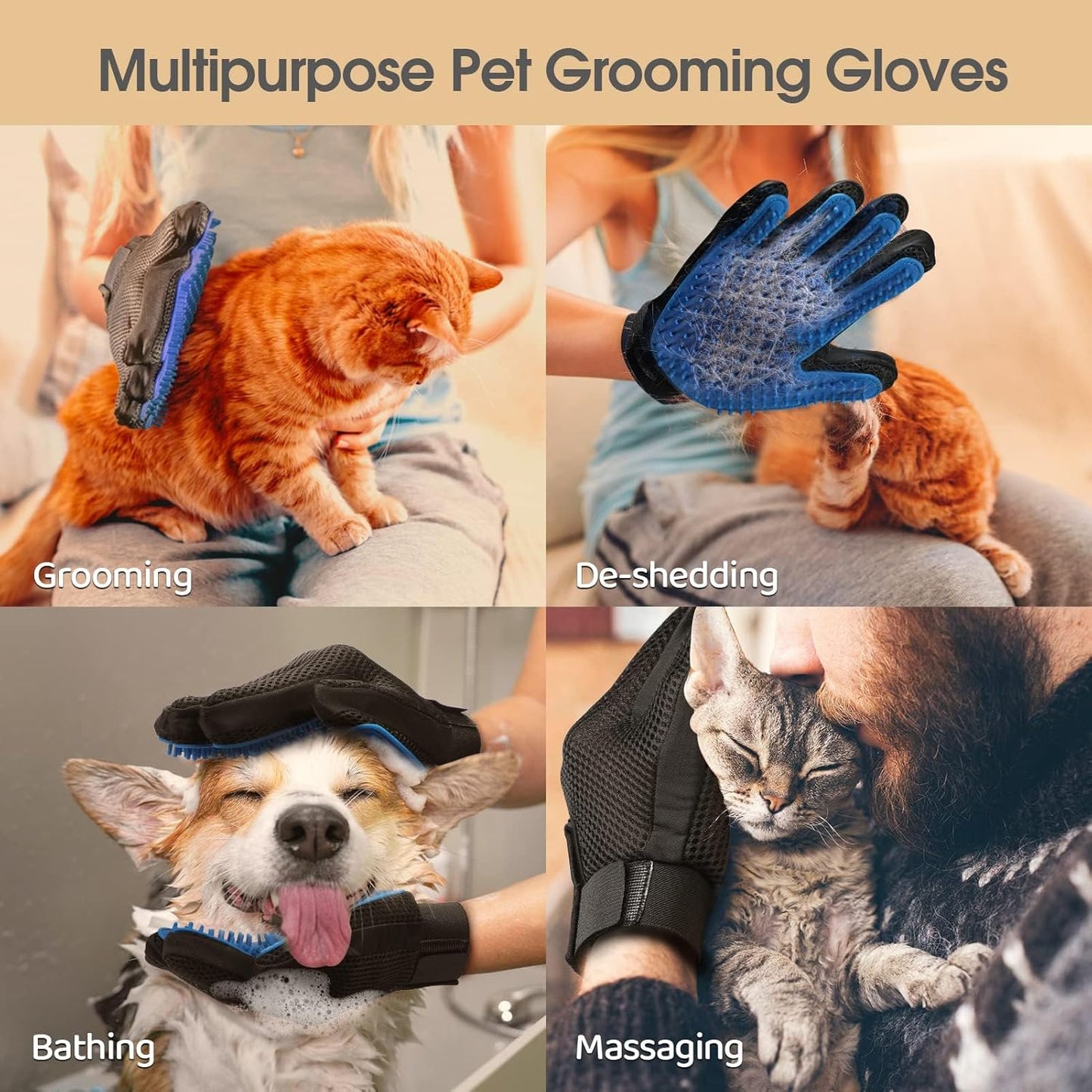 Cat Grooming Glove Brush,Pet Hair Remover Tool,Reusable Dog Hair Fur Remover for Carpet,Furniture,Couch,Clothes,Eco-Friendly and High efficiency