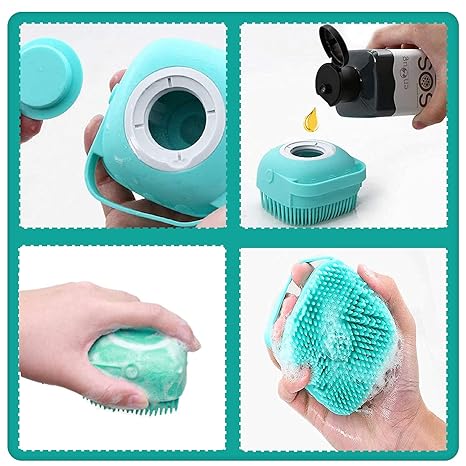 Pet Grooming Bath Massage Brush with Soap and Shampoo Dispenser Soft Silicone Bristle for Long Short Haired Dogs Cats Shower