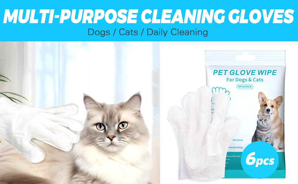 Cleaning Glove for Dog and Cat, Wipes Gloves for Dog and Cat Fur Face, Ear, Eye, Paws Cleaning Wipes Pet Wash Free Gloves, Grooming Wipes for Pet No Rinse Thick Dog Wipes Gloves (6 PC)
