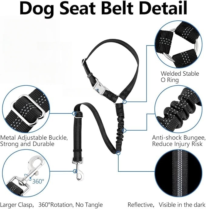 Universal 2-in 1 Retractable Car Seat Belt Designed for Pet with Adjustable Elastic Bungee Dog Leash [Compatible with Headrest and Seat Belt Clip]