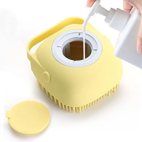 Pet Grooming Bath Massage Brush with Soap and Shampoo Dispenser Soft Silicone Bristle for Long Short Haired Dogs Cats Shower