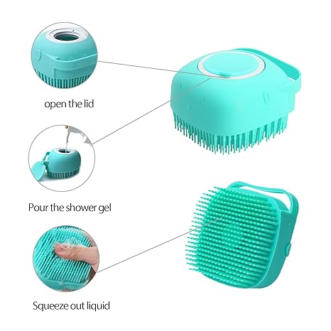Pet Grooming Bath Massage Brush with Soap and Shampoo Dispenser Soft Silicone Bristle for Long Short Haired Dogs Cats Shower