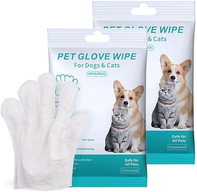 Cleaning Glove for Dog and Cat, Wipes Gloves for Dog and Cat Fur Face, Ear, Eye, Paws Cleaning Wipes Pet Wash Free Gloves, Grooming Wipes for Pet No Rinse Thick Dog Wipes Gloves (6 PC)