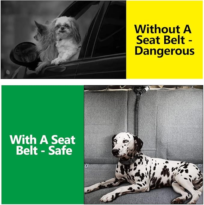 Universal 2-in 1 Retractable Car Seat Belt Designed for Pet with Adjustable Elastic Bungee Dog Leash [Compatible with Headrest and Seat Belt Clip]