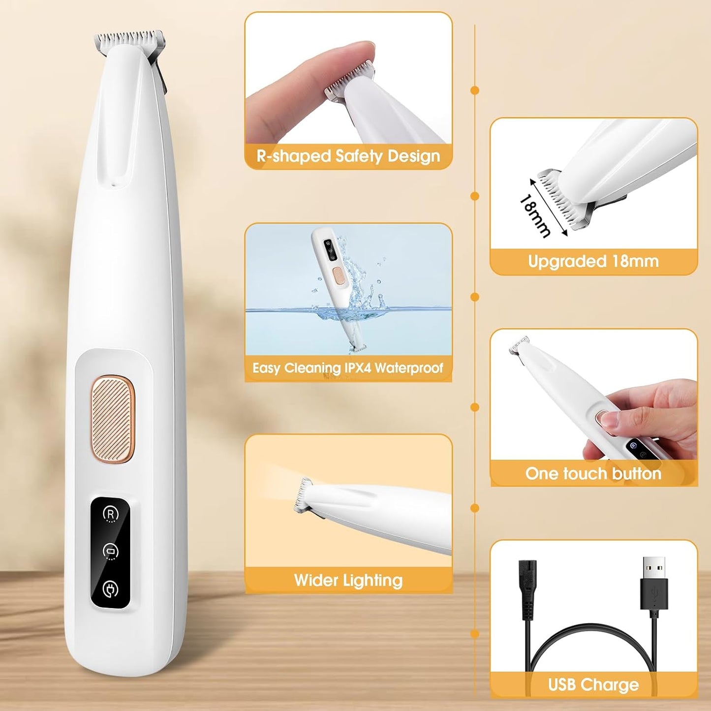 Pet MicroPrecision Trimmer, Multifunctional Pet Hair Clippers Waterproof Rechargeable Pet Shaver with LED Light(1PC), White